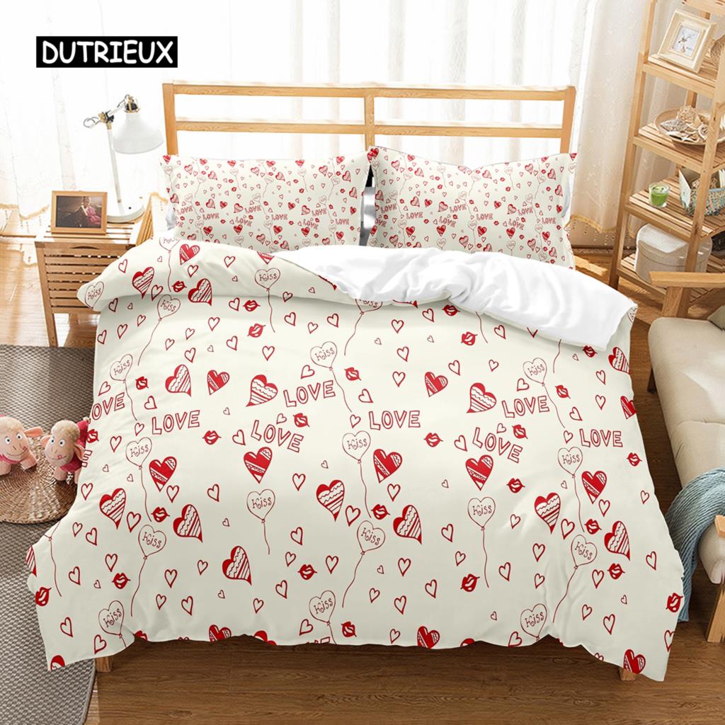 Love Heart Duvet Cover Set Single King Romantic Theme Bedding Set Rose Floral Comforter Cover For Valentine's Day Wedding Decor