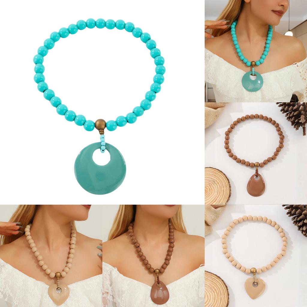 Wooden Beaded Summer Necklace Women Stretch Chain Geometric Pendant Decoration