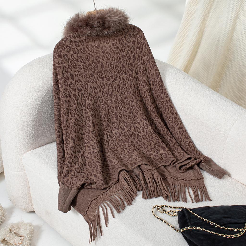 Women's Autumn and Winter Large Size Leopard Print Fur Collar Knitted Cardigan Loose Bat Sleeve Cape Sweater Top Women 6 Colors