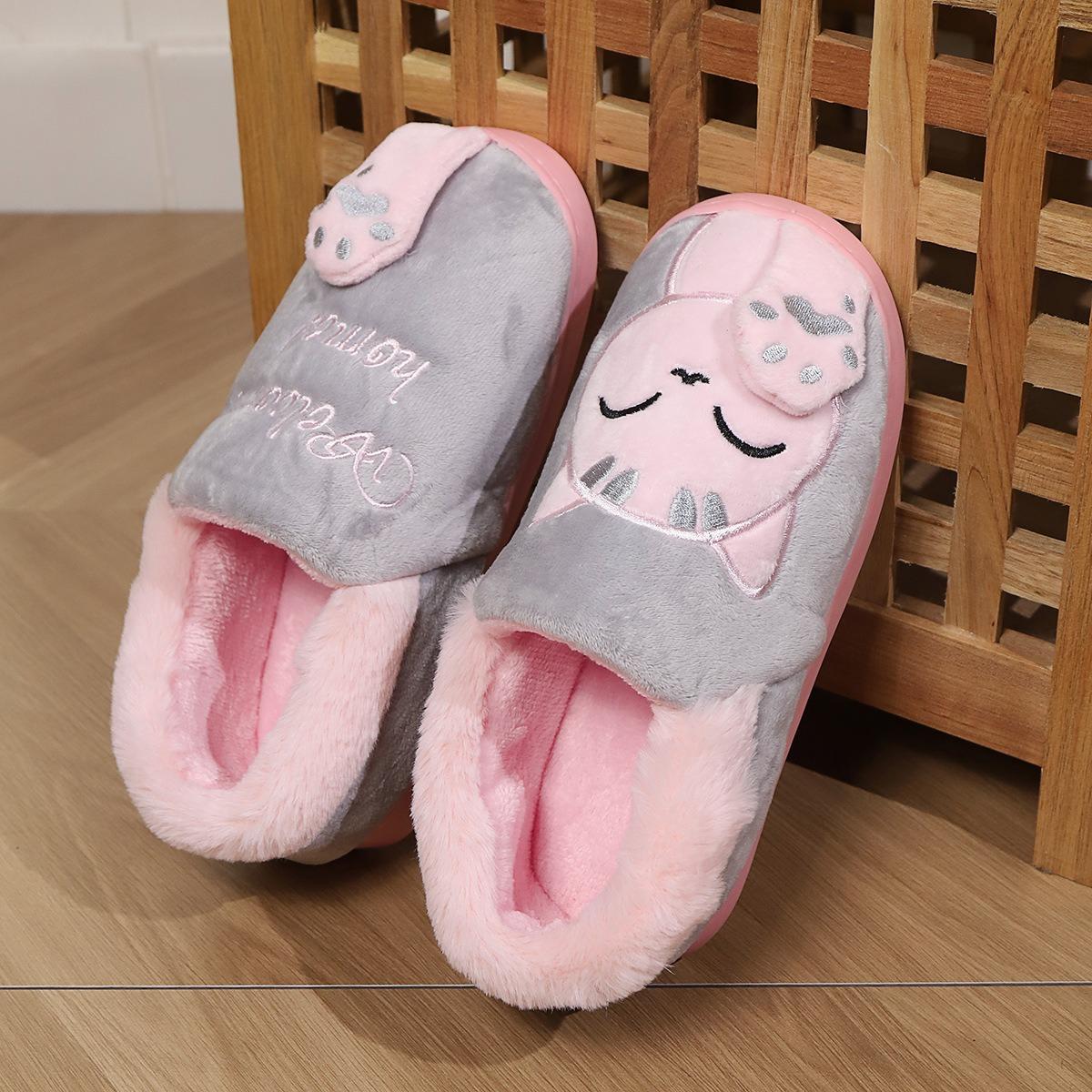 Baumwollpantoffeln, Damenschuhe, Glückskatze, Warme Schuhe, Paar-Baumwollpantoffeln, Herrenschuhe, Rutschfeste Pantoffeln, Freizeitpantoffeln 42-43 grau