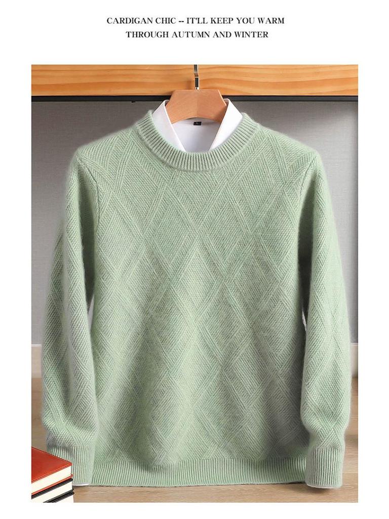 Men's Autumn/Winter Wool Jacquard Sweater, Hong Kong Style, Long Sleeve, Casual Korean Crew Neck, Plus Size Youth Pullover