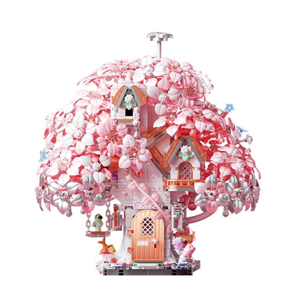 Street View Cherry Blossom Treehouse Building Block Kit DIY Cherry Tree House Model Building Sets With String Lights For Kids Gifts