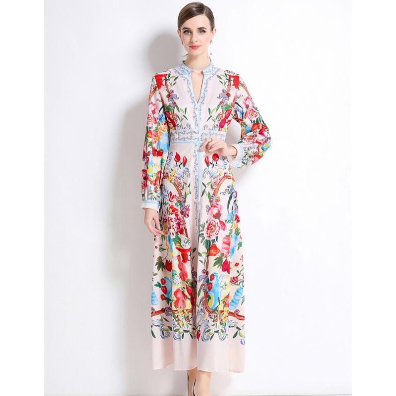 Frühling Herbst Damen Designer Print Laufstegkleid V-Ausschnitt Einreiher Lang Maxi Partykleider