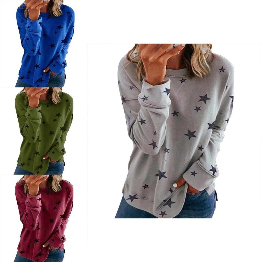 Women Casual Tunic Crew Neck Long Sleeve Star Print Tee Top Blouse For Daily Comfort And Style