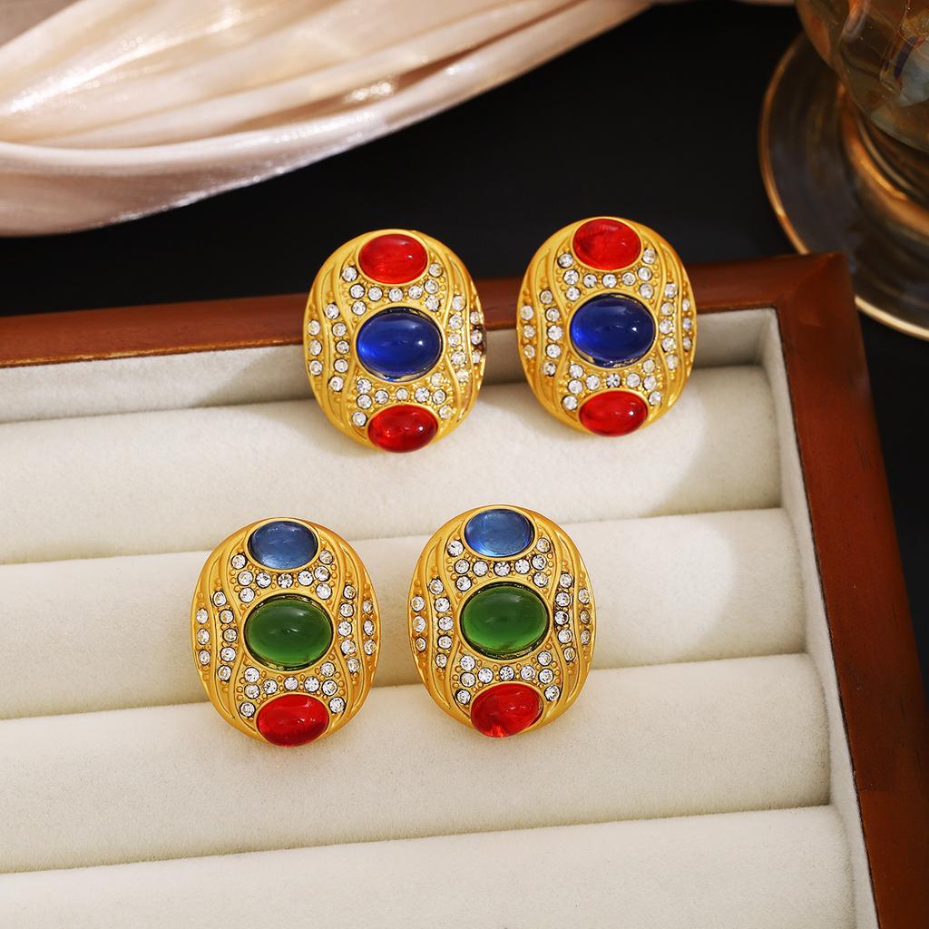 Medieval Vintage Colored Cat Eye Earrings, Heavy Industry Hollowed Out Diamond-Set Court Style High-End Fashion Earrings