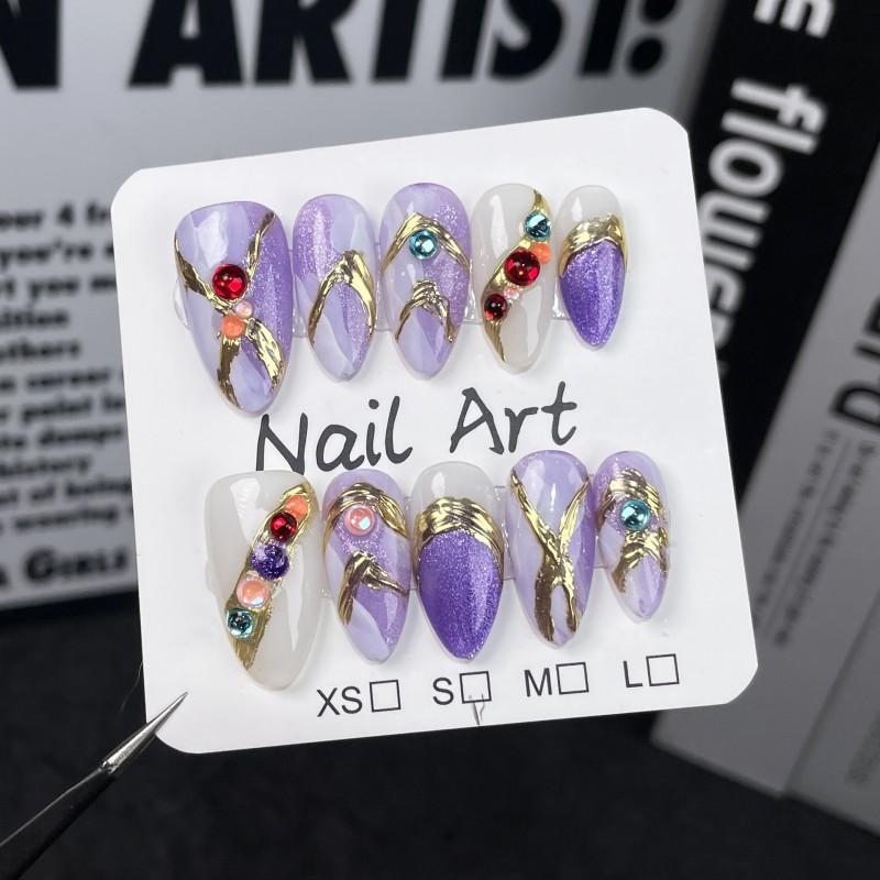 Handmade Press-On Nails Purple Baroque Watercolor Gradient Almond Shape 3D Embossed Gel Nail Tips Women Extra Small