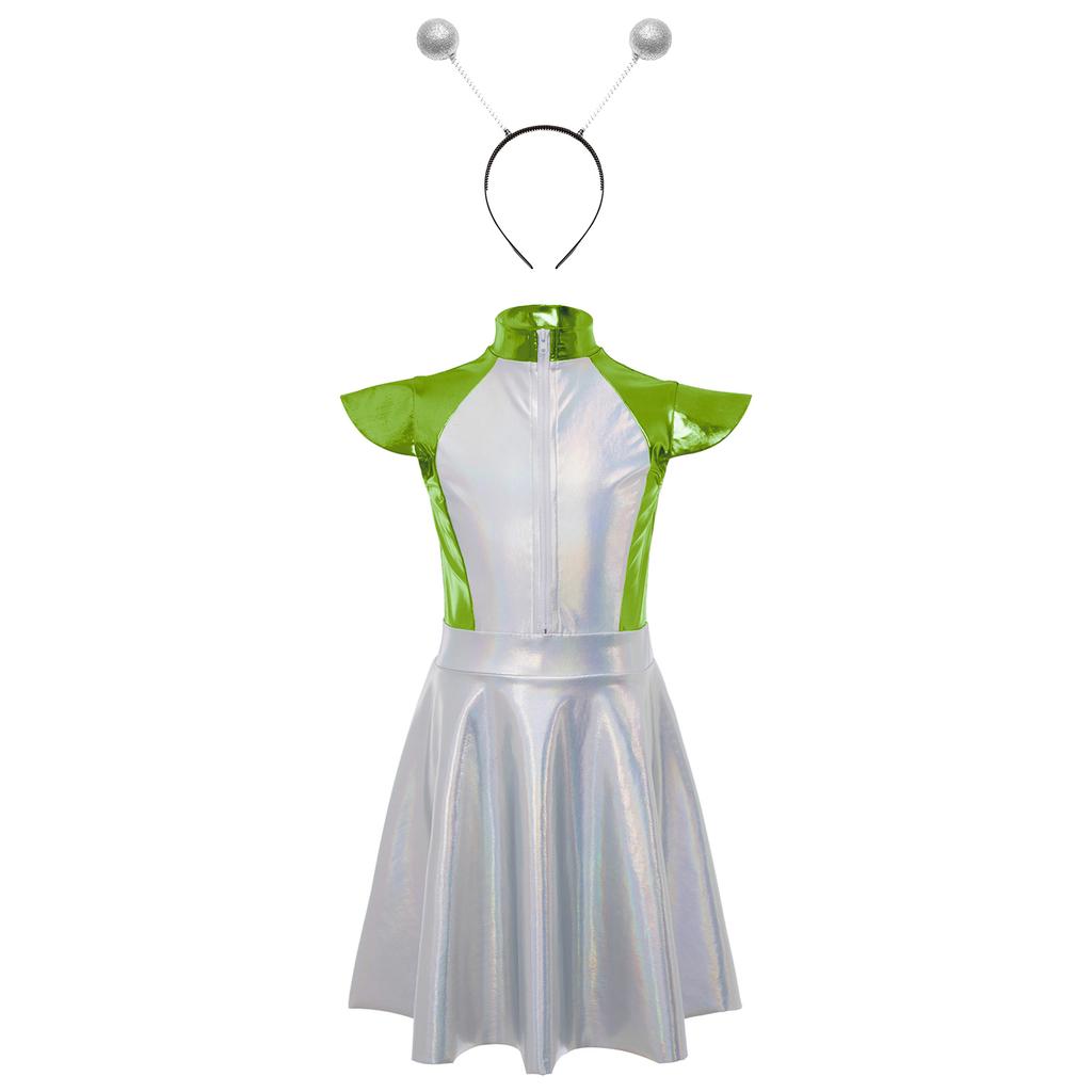 Girls Alien Costume Set Cap Sleeves High Waist Design A-Line Dress Outer Space Cutie Outfit Hair Hoop Included