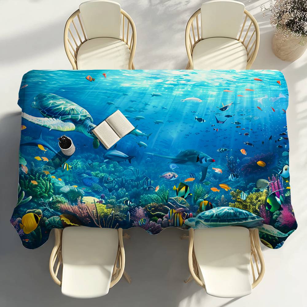 Sea World Fishes Table Cloth Party Decor Dining Room Home Kitchen Patios Waterproof Stain-Proof Table Cloth