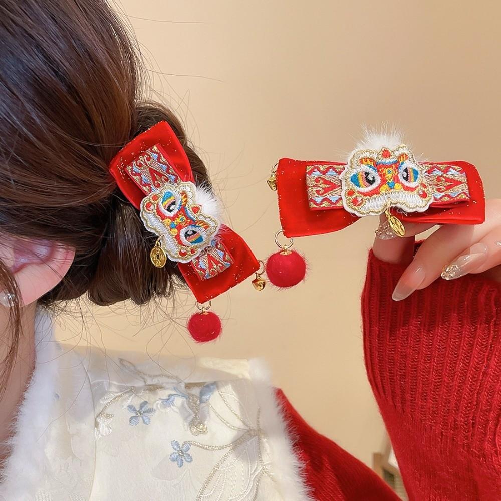 Cloth Chinese Tassel Bow Hairpin Lion Dance Flocking Hair Clip Decorations