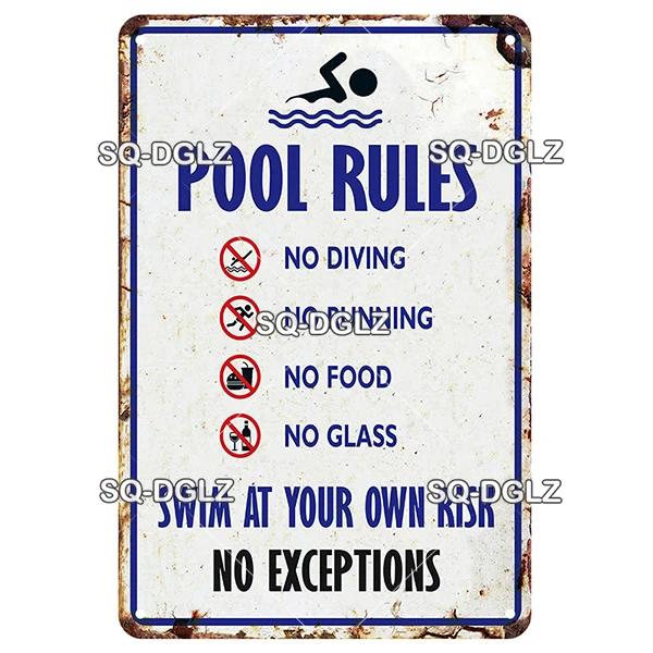 SQ-DGLZ Vintage Warning Pool Rules Metal Sign Plate Tin Sign Plate Home Bar Door Wall Decor Sticker Decoration Plaque Poster