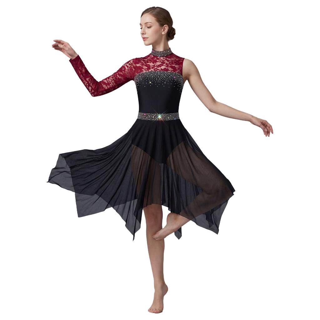 Women Modern Dance Costume Single Sleeve Dress Floral Lace Mesh Patchwork Rhinestone Classical Ballet Dance Outfit Lyrical Dress