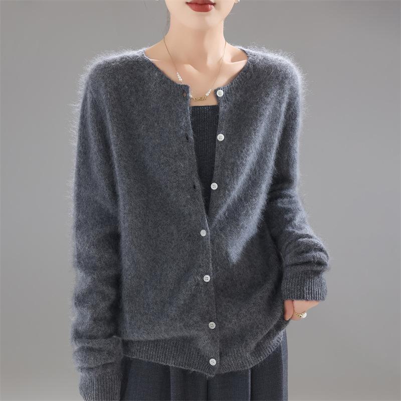 New Brushed Crew Neck Cardigan Solid Color Knitted Wool Sweater Women'S Brushed Jacket Loose Versatile Knitted Sweater