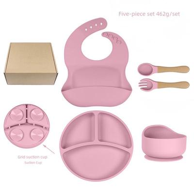 Silicone Baby Tableware Set: 7-Piece Dining Kit with Plate, Bib, Fork, Spoon, and Bowl for Children.