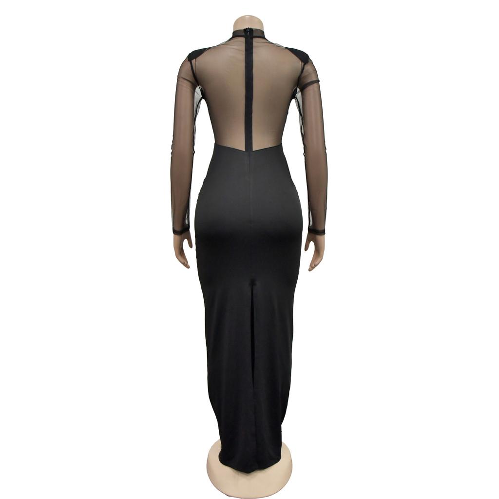 Mote Damekjole Ensfarget Mesh Drill Langermet Lange Kjoler