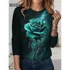Tie Dye Rose Flower Print T Shirt Spring Women Long Sleeve Shirts Casual O-Neck Loose Plus Size Tops Fashion Clothes