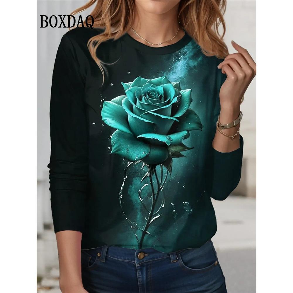 Tie Dye Rose Flower Print T Shirt Spring Women Long Sleeve Shirts Casual O-Neck Loose Plus Size Tops Fashion Clothes