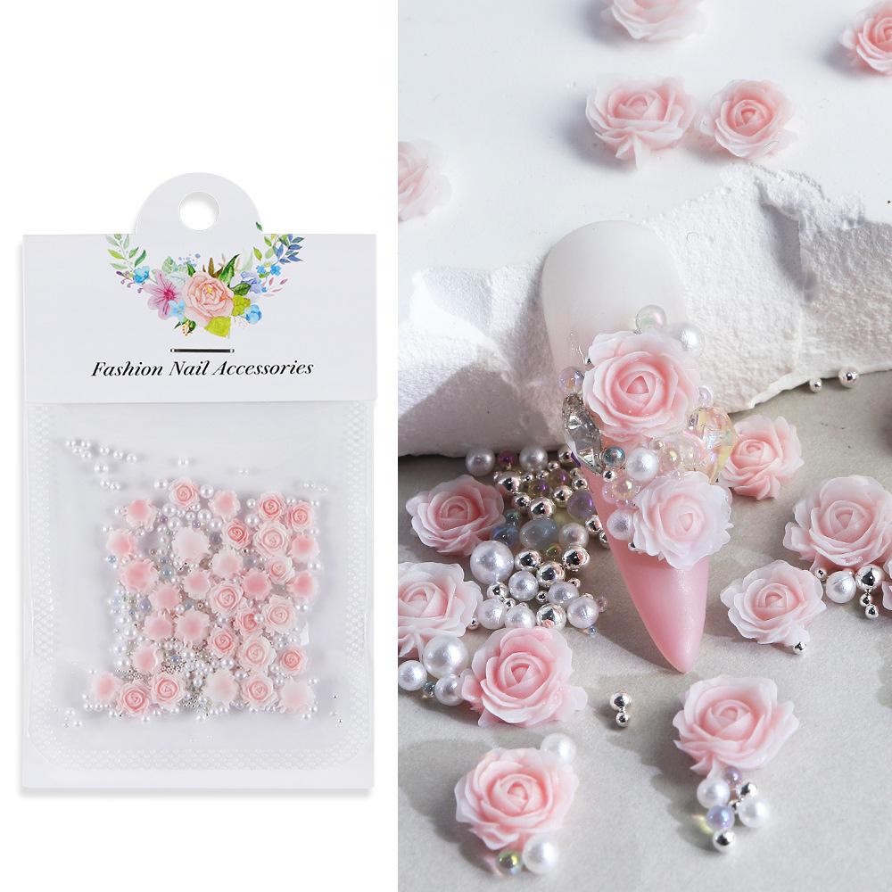 3 Packs 30 Gradient Carved Rose Nail Accessories, Dragon Sand, Gemstones, Rose Flowers with Steel Beads and Pearls, Nail Accessories