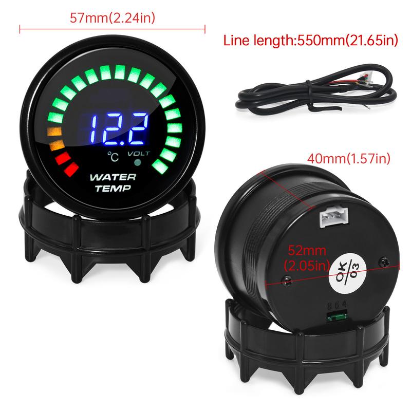 52mm 20 LED Light Digital Water Temperature Gauge + 10mm Water Temp Sensor with Joint Pipe Sensor Adapter Car 20~150 Celsius