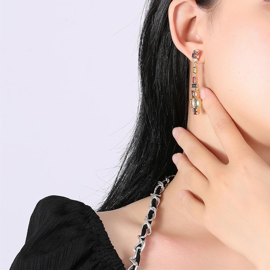 European and American color zircon earrings heavy industry long stud earrings niche design high-end earrings