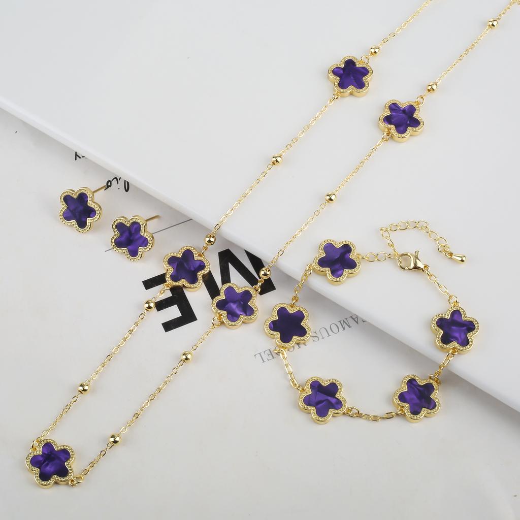 New Sweater Chain Five Point Star Creative Plant Plum Blossom Jewelry Set Shell Simple Bracelet/Necklace/Earrings Women's Clover