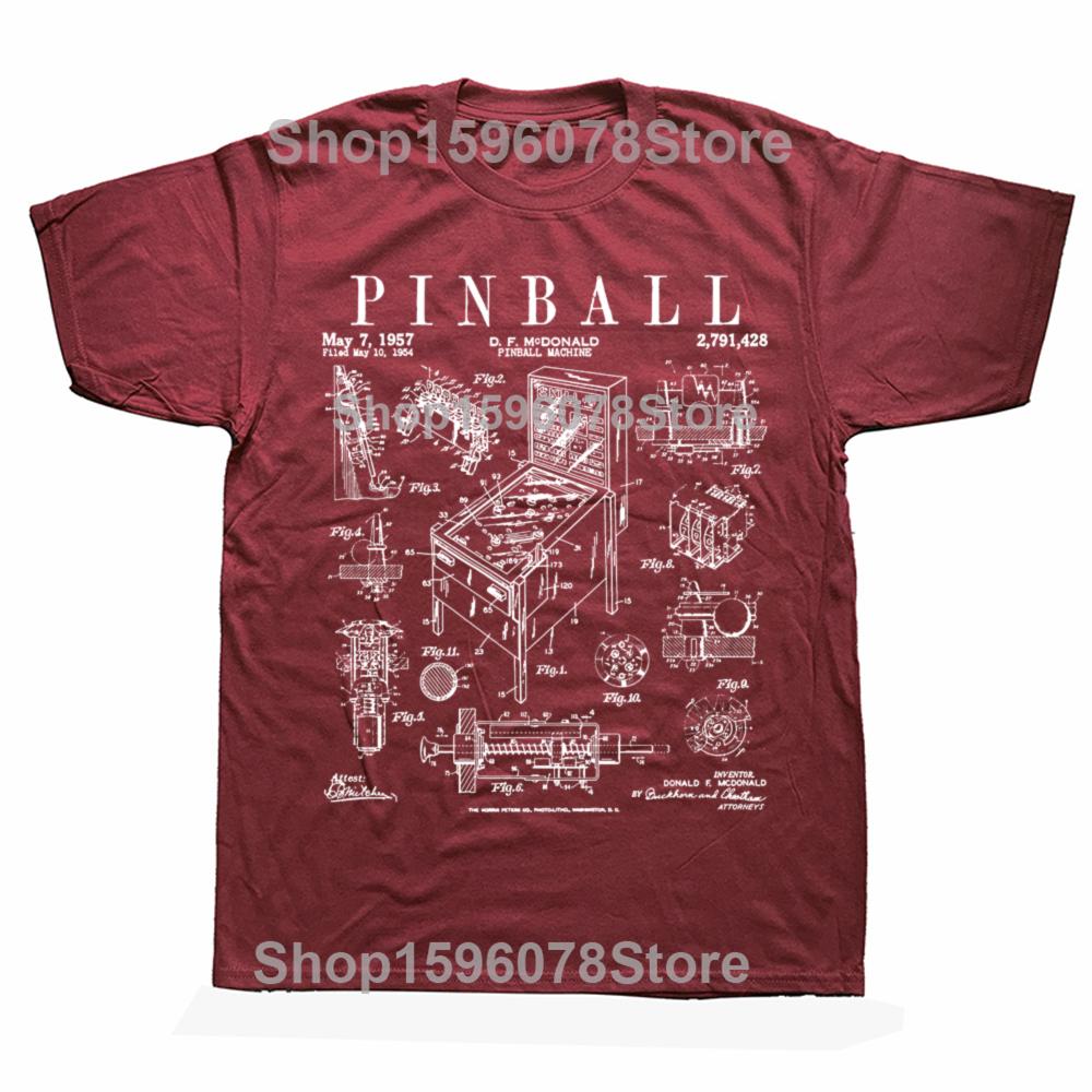Funny Pinball Gaming Machine Vintage Gamer Patent Graphic T-shirts Men Fashion Casual Tshirt 100% Cotton Loose Oversized T Shirt