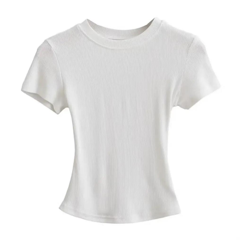 Sexy Tight Threaded T-shirt for Girls Summer Thin High Elastic Front Shoulder Crew Neck American Hottie Short Top Short Sleeve
