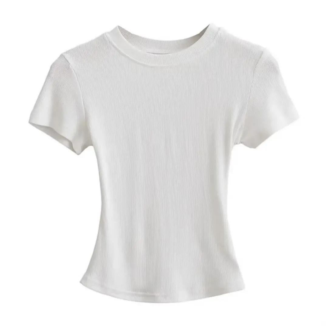 

Sexy tight threaded t-shirt for girls summer thin high elastic front shoulder crew neck American hottie short top short sleeve S белый