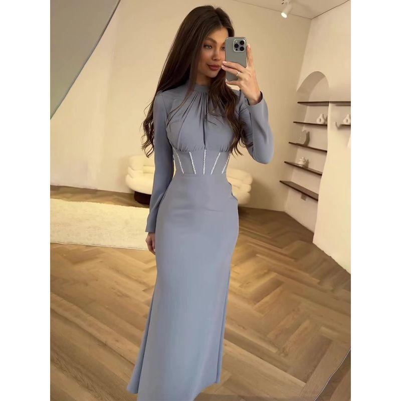 

Fashion Wind New Arrival Silm Long Sleeves Ruched Bandage Irregular Dress Pleated Lace up Dress Lake Blue 2XL