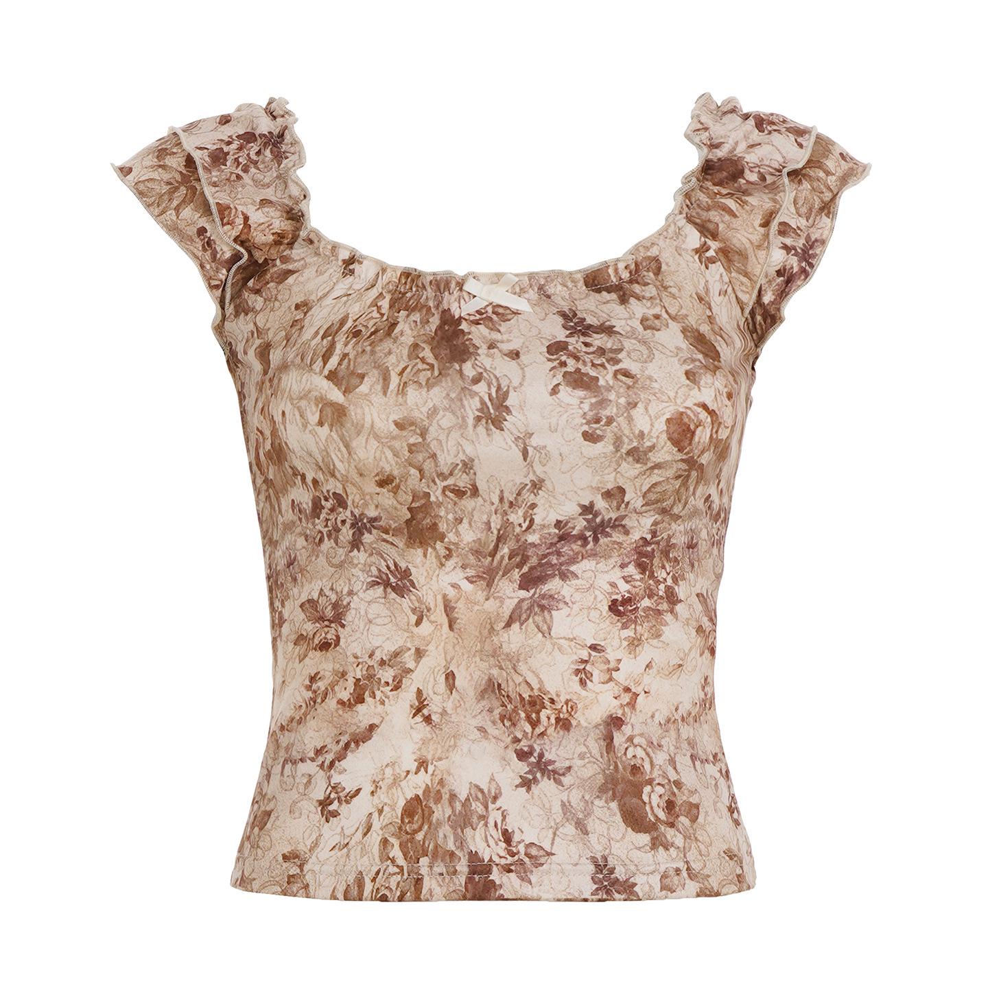 2025 Summer Retro Floral Color Block Slim Fit Square Neck Bow Knot Short Sleeve Women s T-shirt Large хаки