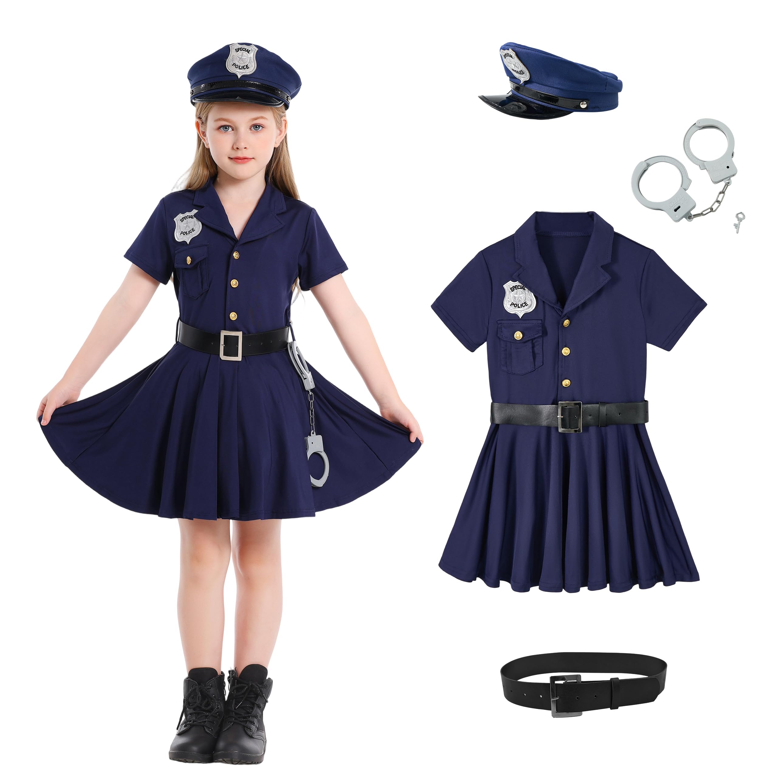 LOLANTA Police Cosplay Costume for Girls, Halloween Costume for Kids, 4-Piece Set, Blue, Size 140