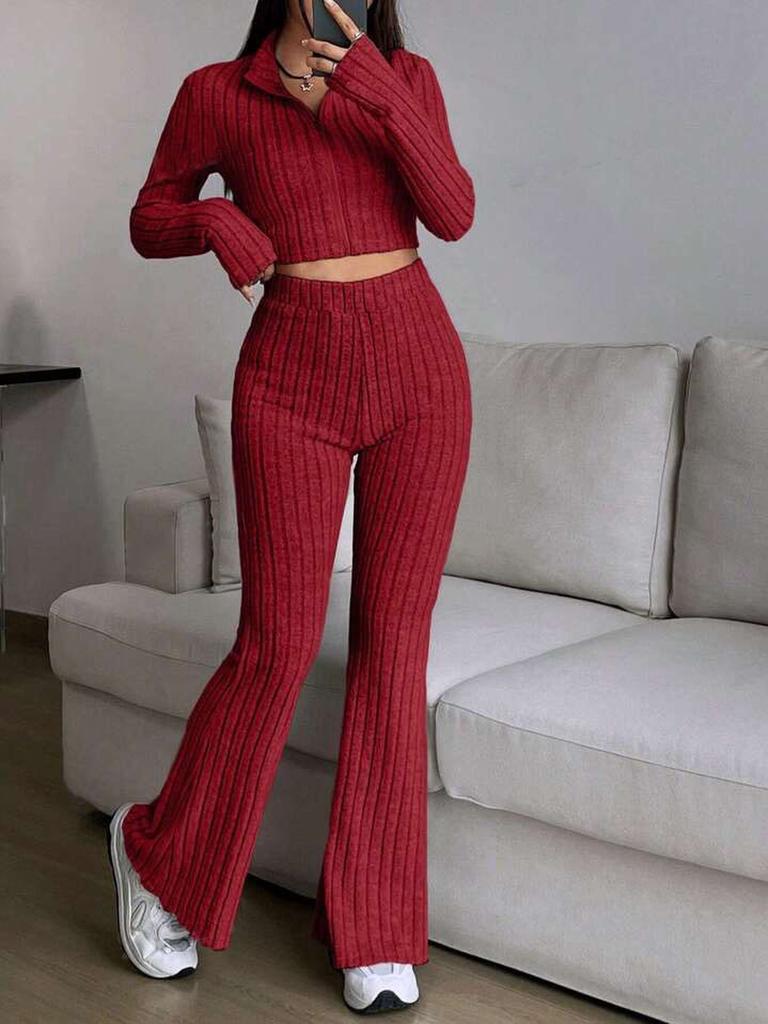 Fashion Solid Stitch Two-Piece Set with Zipper Long Sleeve Crop Top and High Waist Wide Leg Pants Women Casual Outfit