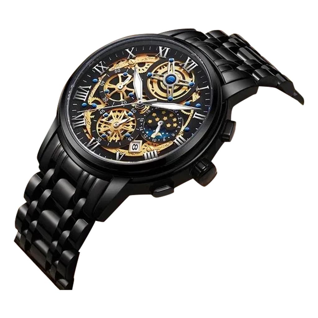 Men's Hollow Luminous Quartz Watch Stainless Steel Band Multifunction Skeleton Dial Date Display Analog Wristwatch