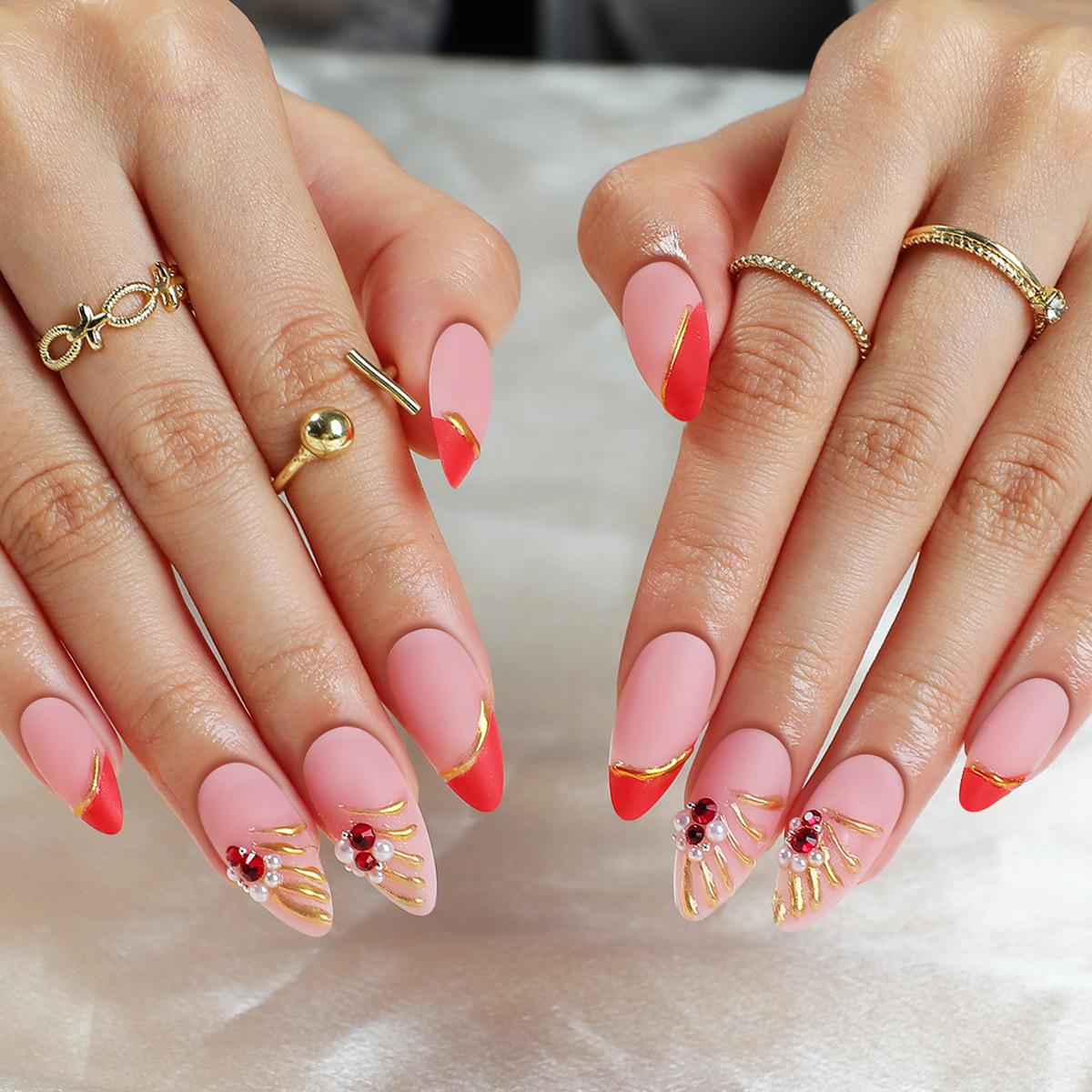 

Handmade Wearable Red New Year Nail Art Stickers - Finished False Nails