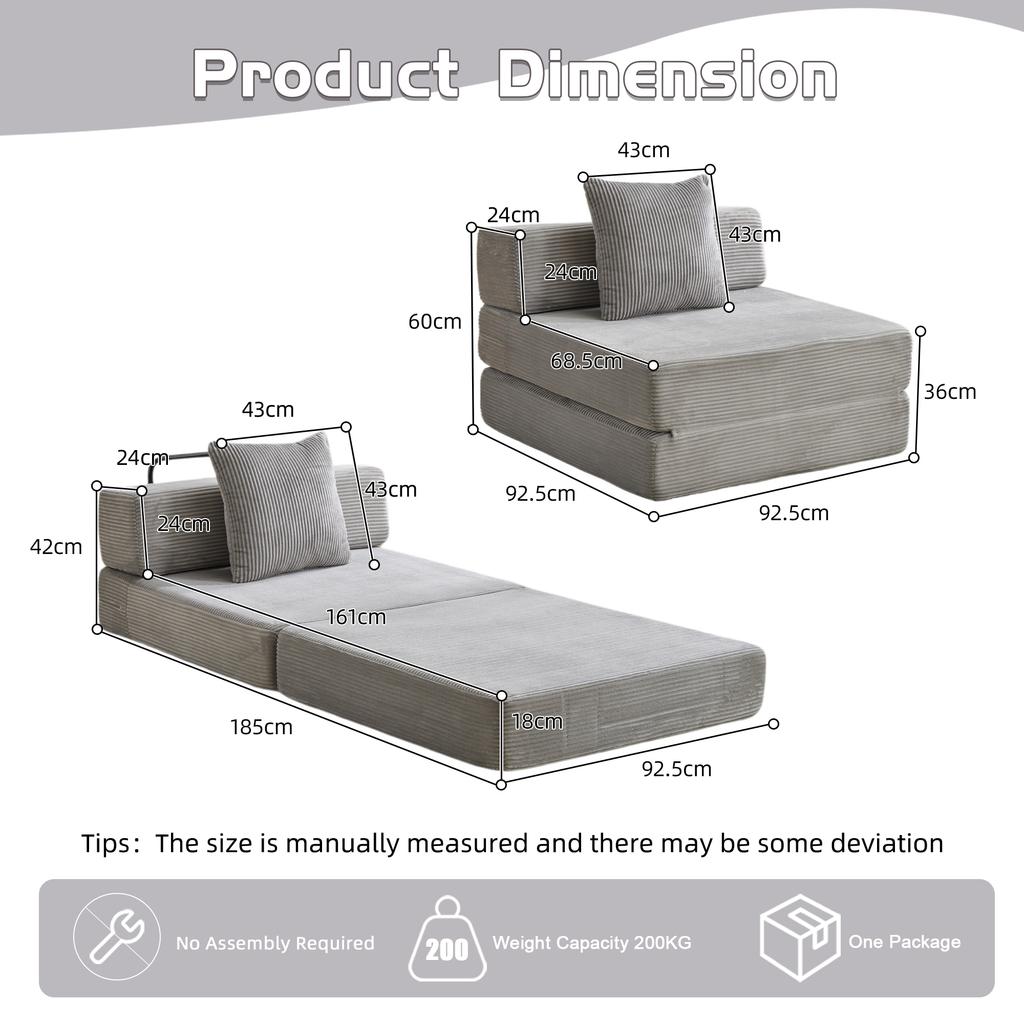 Floor Couch,Compression Sofa,Convertible Sofa Bed-with Pillow Back Support Armrest,Corduroy Fabric,for Living Room Bedroom,Light Grey