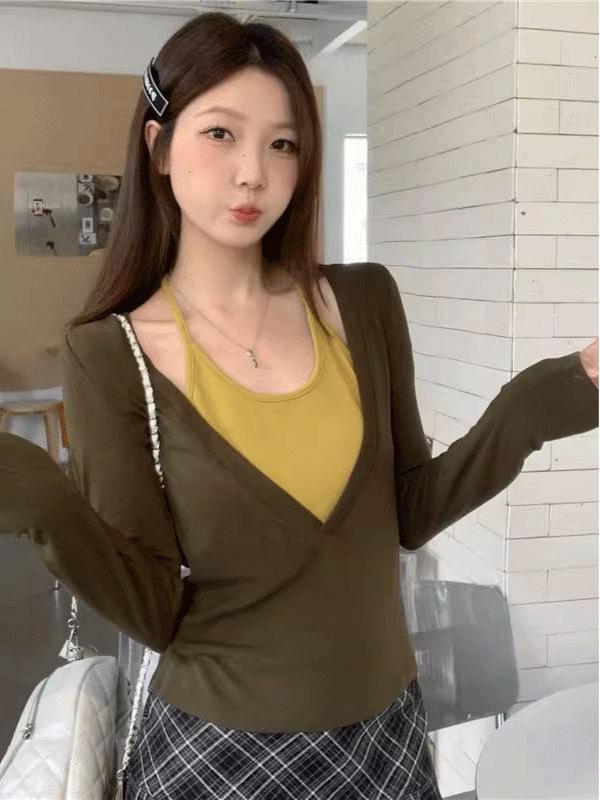 In Stock: Women's Long-Sleeve V-Neck Spring Shirt, 2026 New Elegant Korean-Style T-Shirt