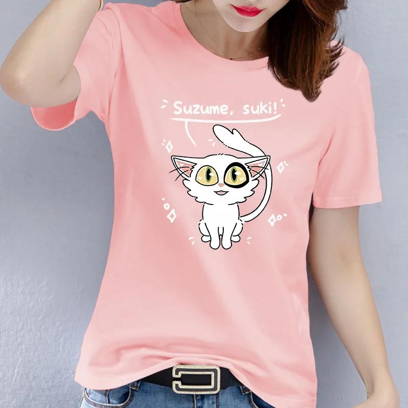 cotton Anime Suzume Suki White Cat Print T Shirt Women Cute Cartoon Graphic Short Sleeve Casual Summer Red Tee