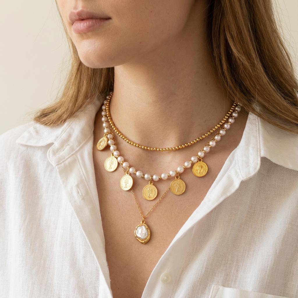 Bohemian Imitation Baroque Pearl Necklace Set for Women Portrait Coin Pendant Collar Necklace Beach Party Jewelry New Year Gift