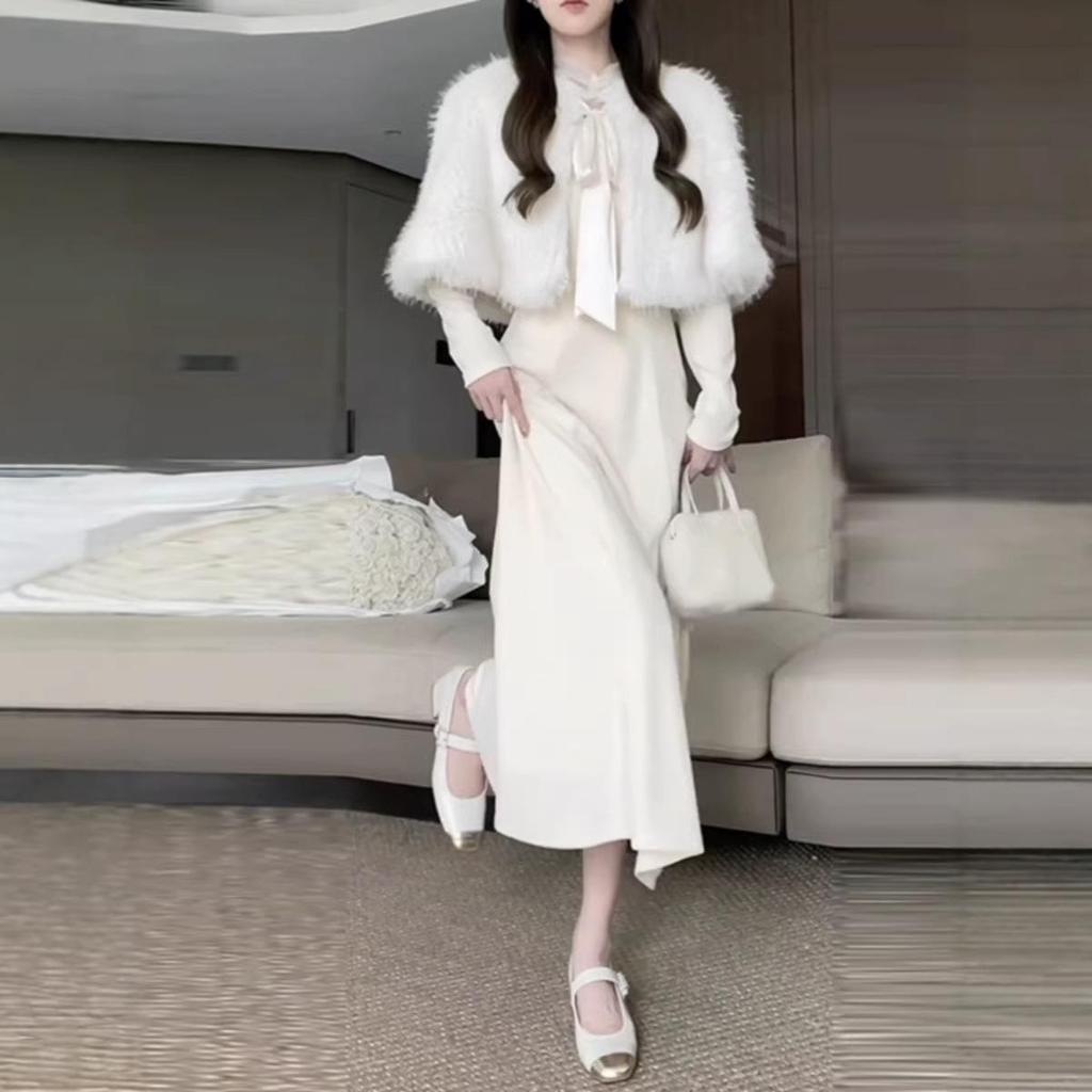Fluffy French Chic Women's Skirt & Shawl Set – Autumn/Winter High-End Look