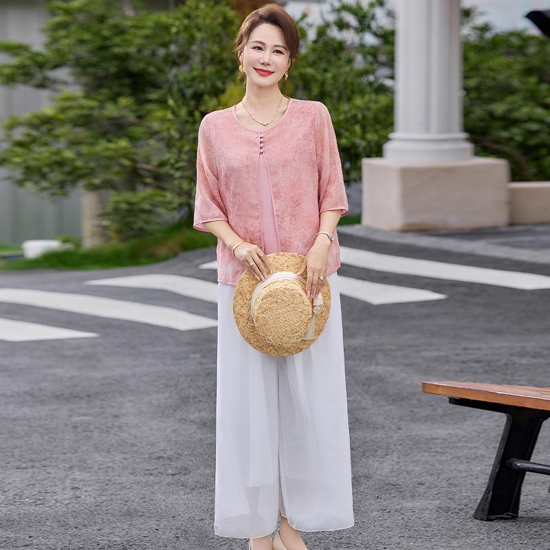 

2026 Summer Fashion Set: Short Sleeve Faux Two-Piece Top for Middle-Aged and Elderly Women XXXL (120-135 Jin)
