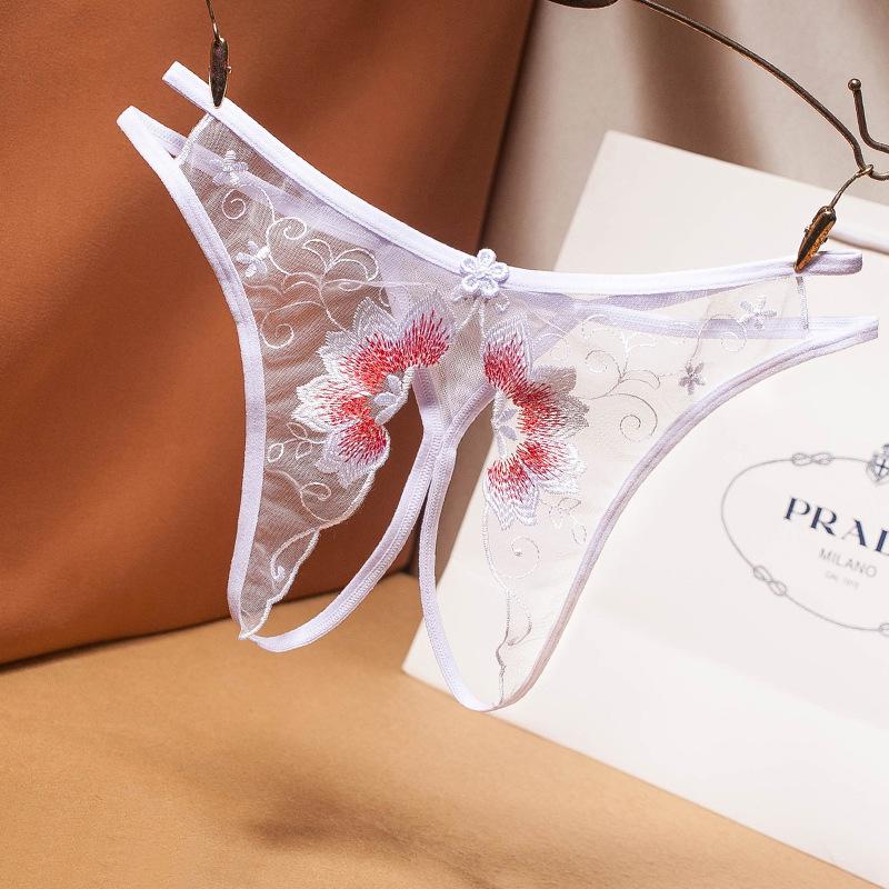 Sexy Floral Lace Thongs Women Panties See Through Crotch Opening Erotic Underwear Temptation Lingerie