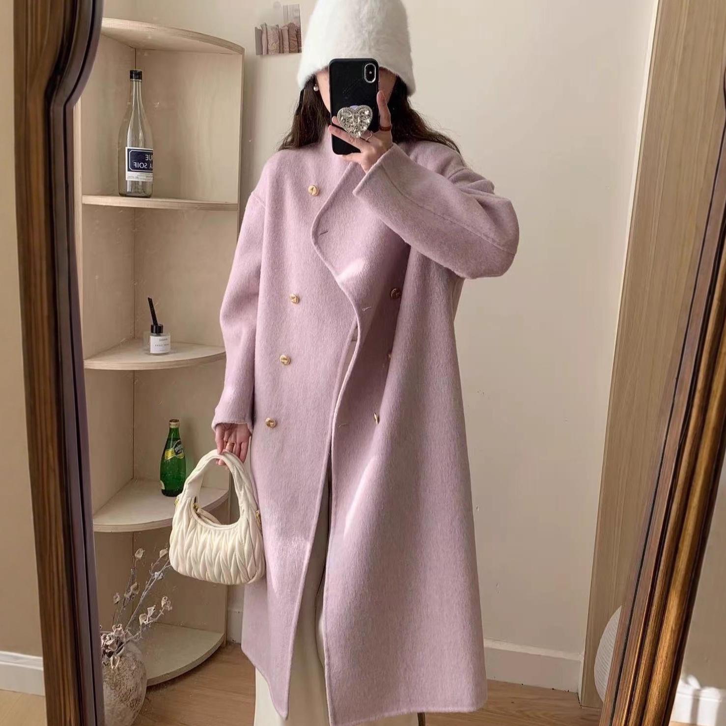 

Корейское пальто из шерсти нежного серого цвета с высоким воротником свободного кроя для женщин - Мода осень/зима Medium