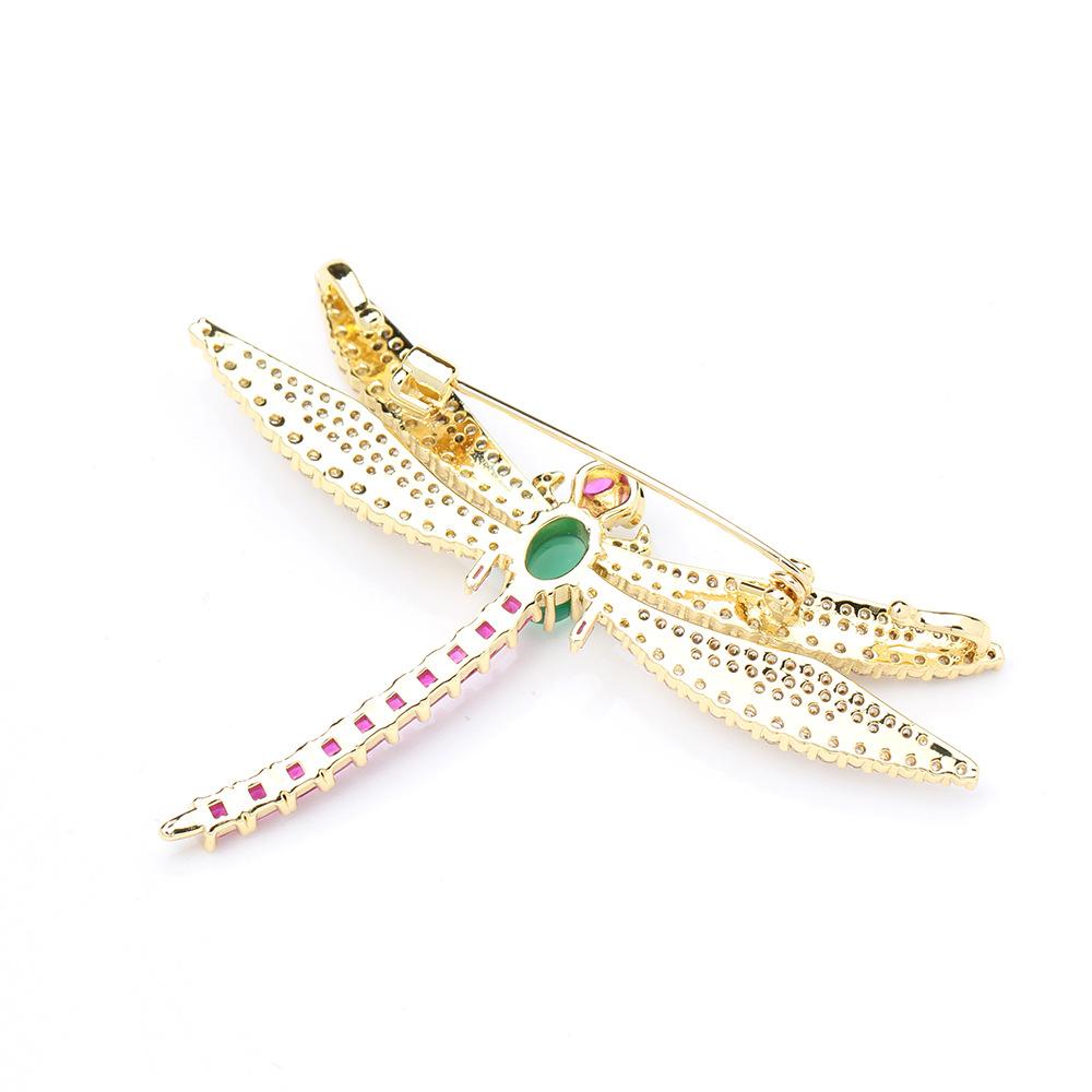 Designer niche micro-inlaid zircon colored stone dragonfly brooch two-color insect gold-plated pin men's and women's coat accessories