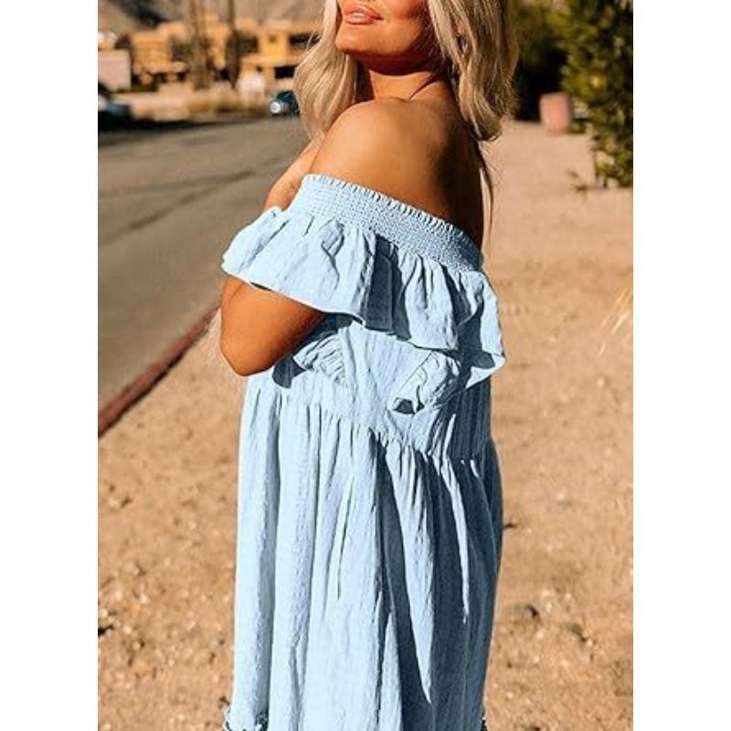 Summer Women's Dress Square Neck Short Sleeve Strapless Pleated Hem Dresses