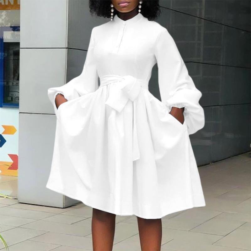 

VONDA Женские модные платья больших размеров с однотонным воротником-стойкой и карманами с длинным рукавом 5XL белый