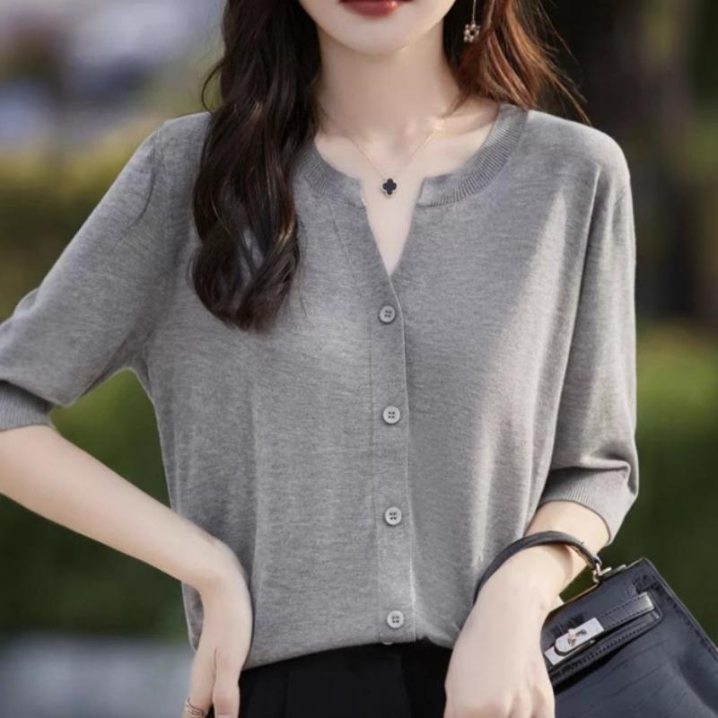 Women's Short Sleeved T-shirt Summer Loose Cardigan T-shirt V-neck Ice Silk Knitted Top