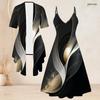 Women Plus Size Printed Two Piece Set Short Sleeve Draped Cardigan Strappy V Neck Flared Dress