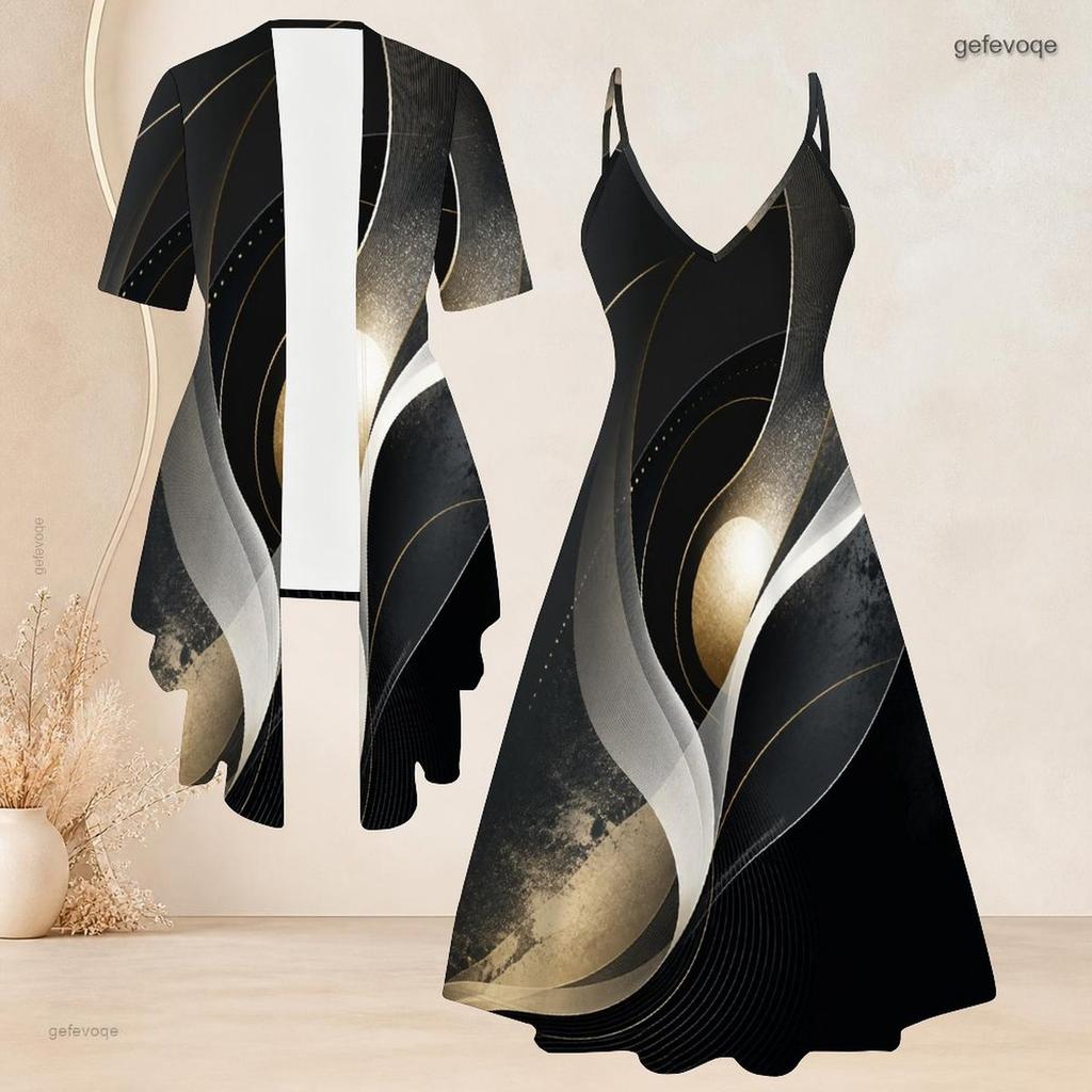 Women Plus Size Printed Two Piece Set Short Sleeve Draped Cardigan Strappy V Neck Flared Dress