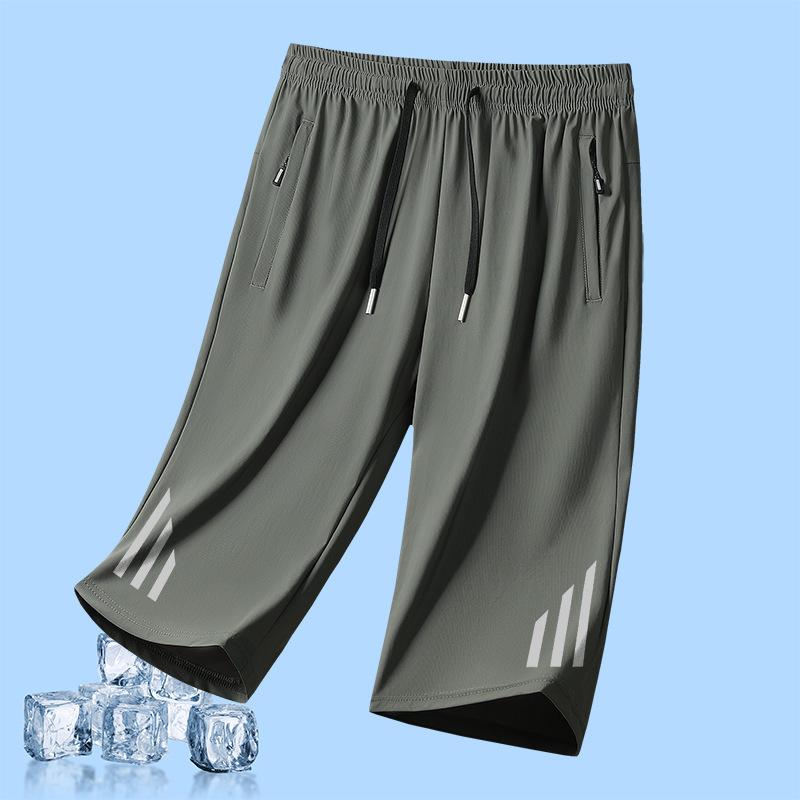 Ledově hedvábné 7palcové kalhoty pro muže na léto, tenké, volné, ležérní, s rovnými nohavicemi, pro mladé, prodyšné, rychleschnoucí šortky, pánské sportovní kalhoty