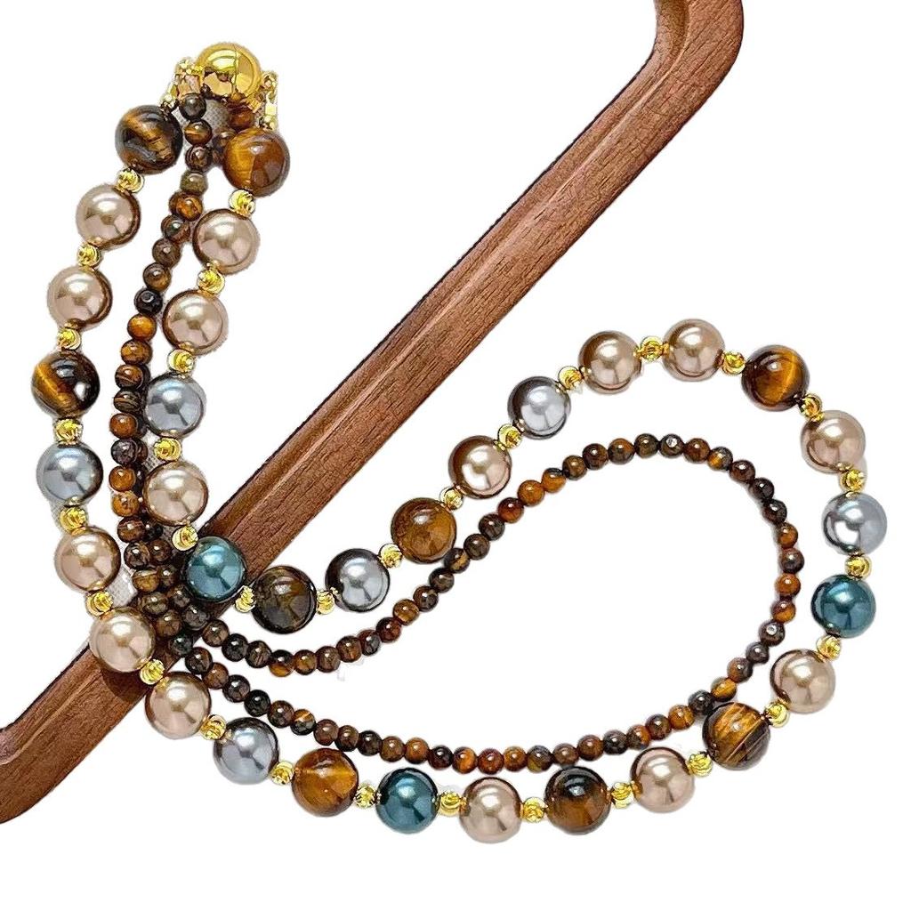 Melard autumn/winter natural high-quality tiger's eye stone and imitation Tahitian multi-colored pearl multi-layer necklace, clavicle chain