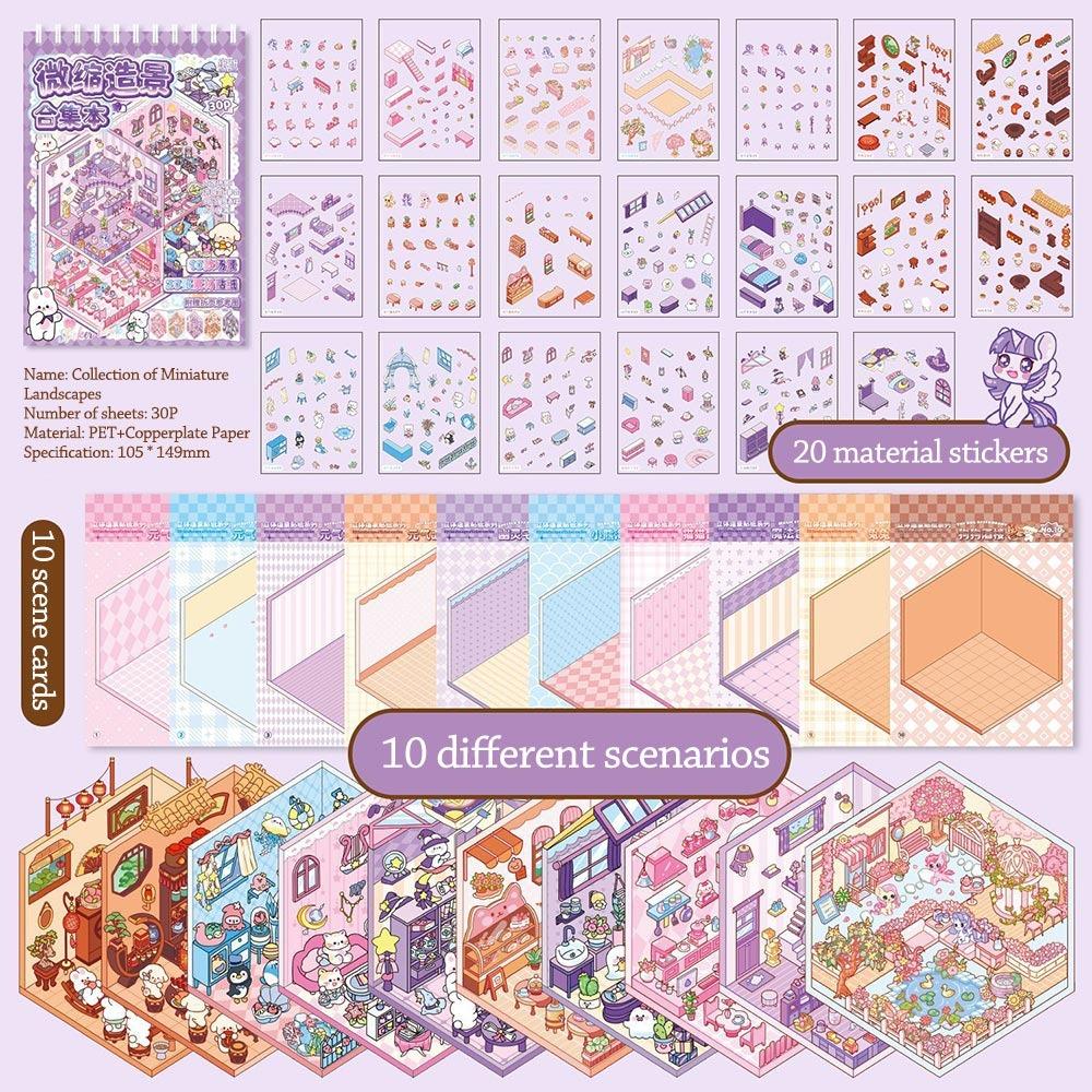 New PET Miniature Scene Collection Cartoon DIY 3D Pocket Cabin Scene Stickers Visual Stacking 3D Landscape Sticker Book Kids